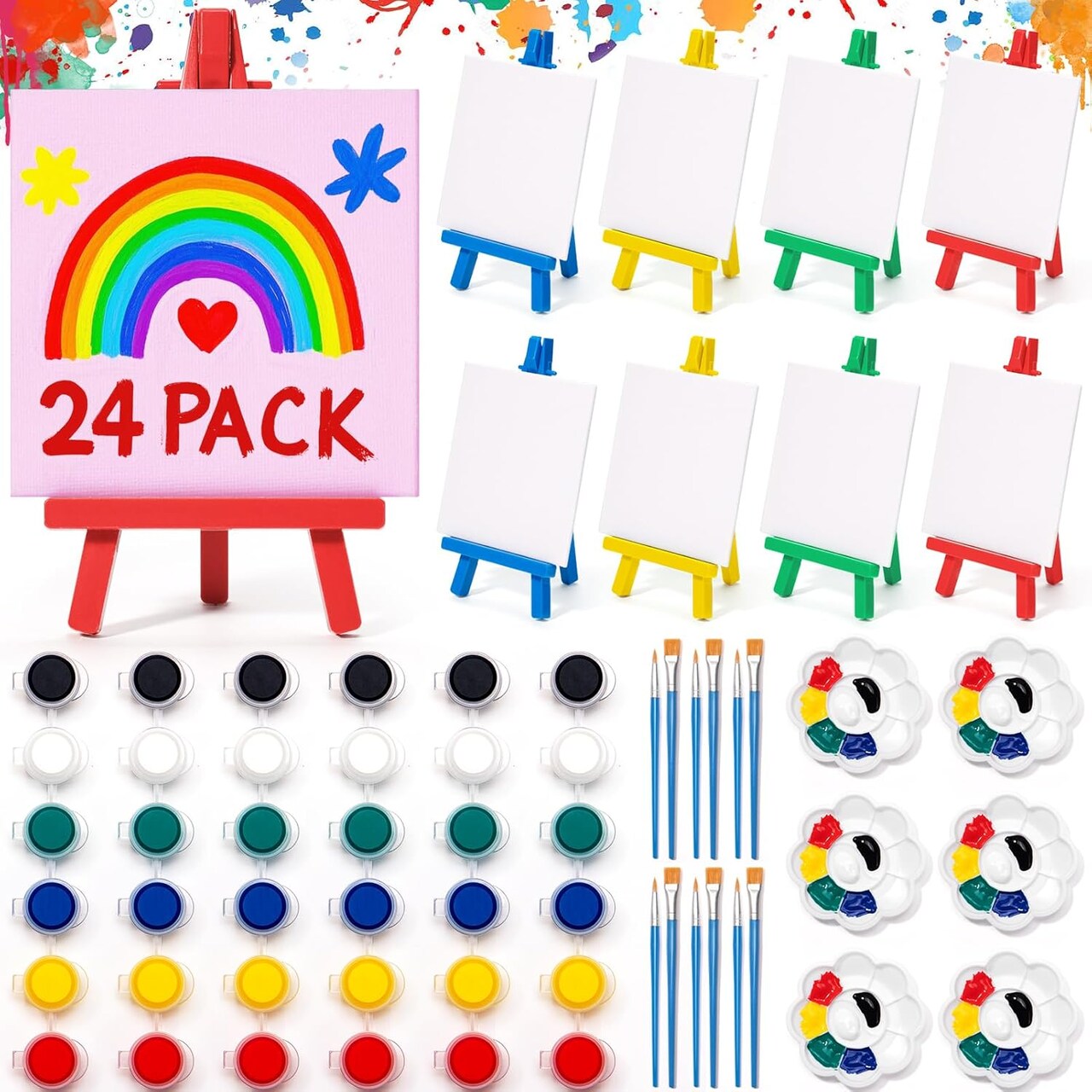 24 Set Mini Acrylic Paint Kit with Canvas, Plastic Easel, Brushes, Palette, Painting Kits for Kids Girls Boys, Art Set Gifts for Classroom Prizes Birthday Party Favors Easter Basket Stuffers
